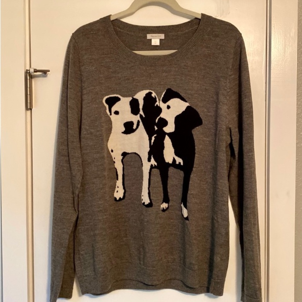 GARNET HILL Wool  Intarsia Knit Dogs Crew Neck Sweater Gray XL